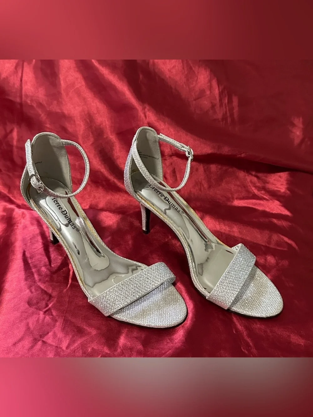 Silver Rhinestone Stiletto Heels with Ankle Straps size 7M 3” heel